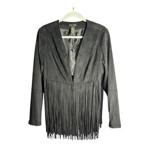 Faith & Zoe Black Faux Suede Jacket With Fringe Hem & Clasp Closure Size Large